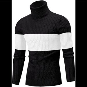 New Mens Turtleneck Thermal Lightweight Patterned Sweater Black and White